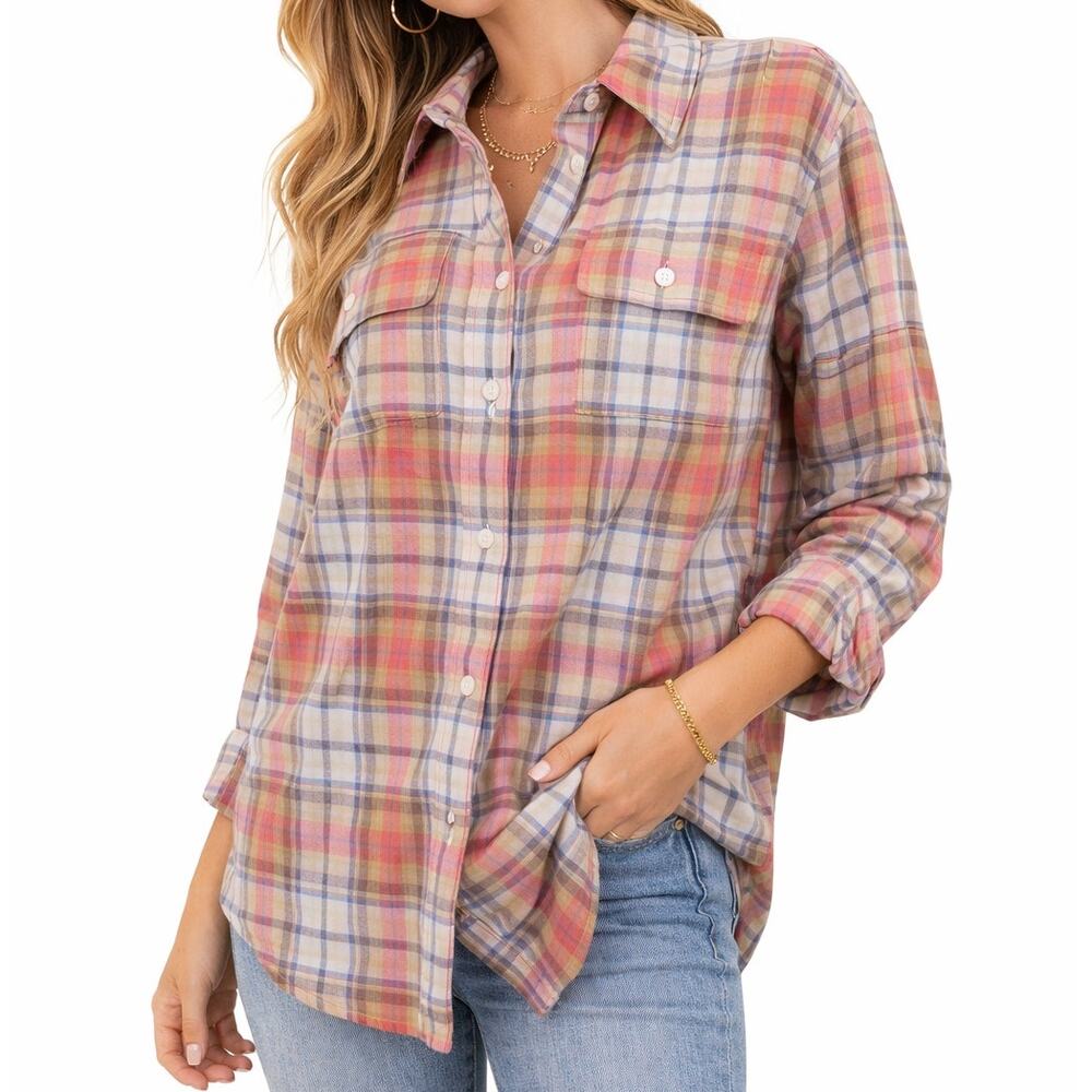 J.Crew Factory Plaid Cotton Button Down Shirt XS Pink Blue Boyfriend Preppy